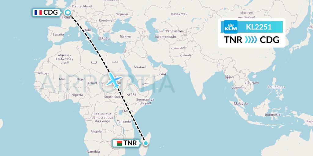 KL2251 KLM Flight Map: Antananarivo to Paris