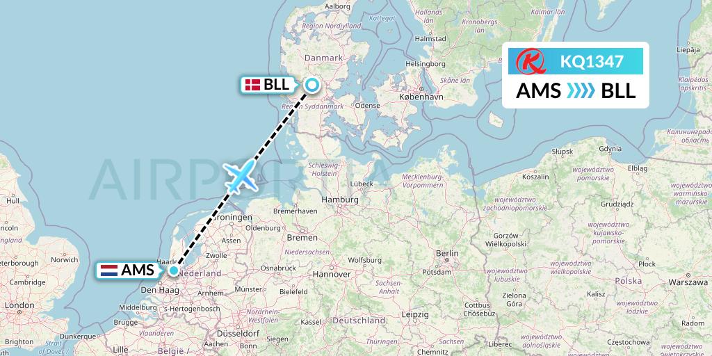 KQ1347 Kenya Airways Flight Map: Amsterdam to Billund