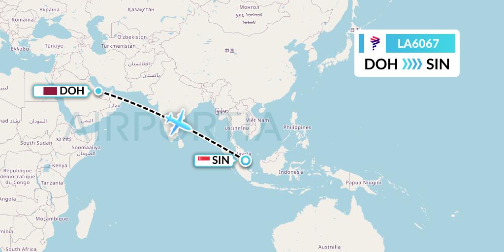 LA6067 LAN Airlines Flight Map: Doha to Singapore