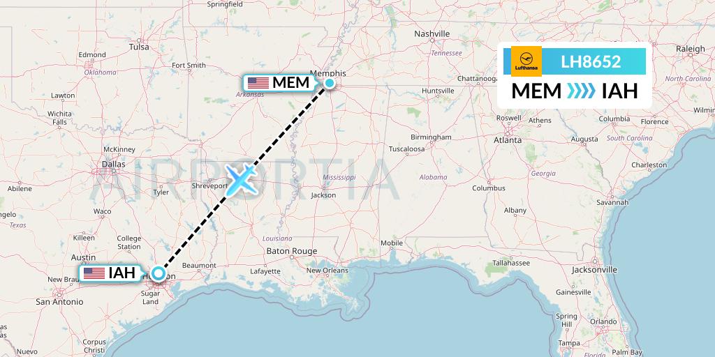 LH8652 Lufthansa Flight Map: Memphis to Houston