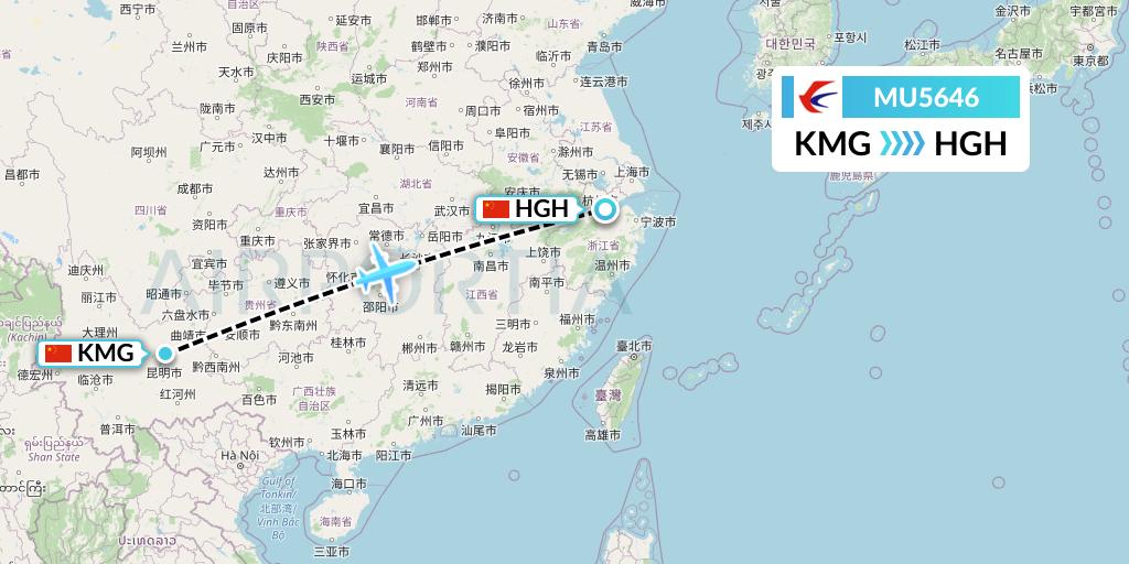 MU5646 China Eastern Airlines Flight Map: Kunming to Hangzhou