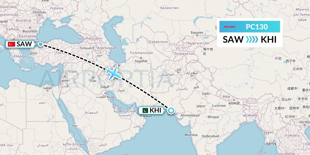 PC130 Pegasus Airlines Flight Map: Istanbul to Karachi