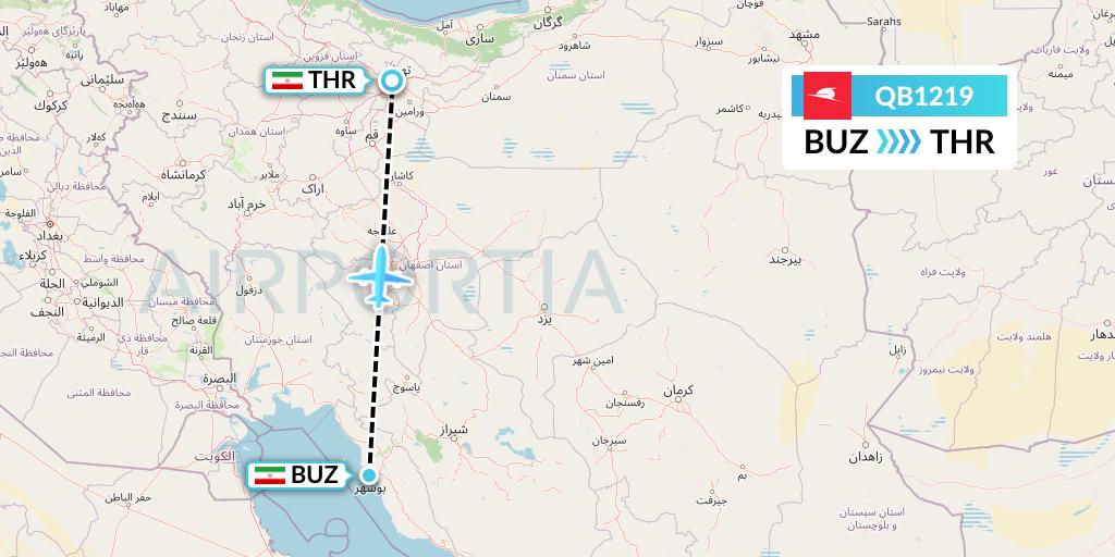 QB1219 Qeshm Airlines Flight Map: Bushehr to Tehran