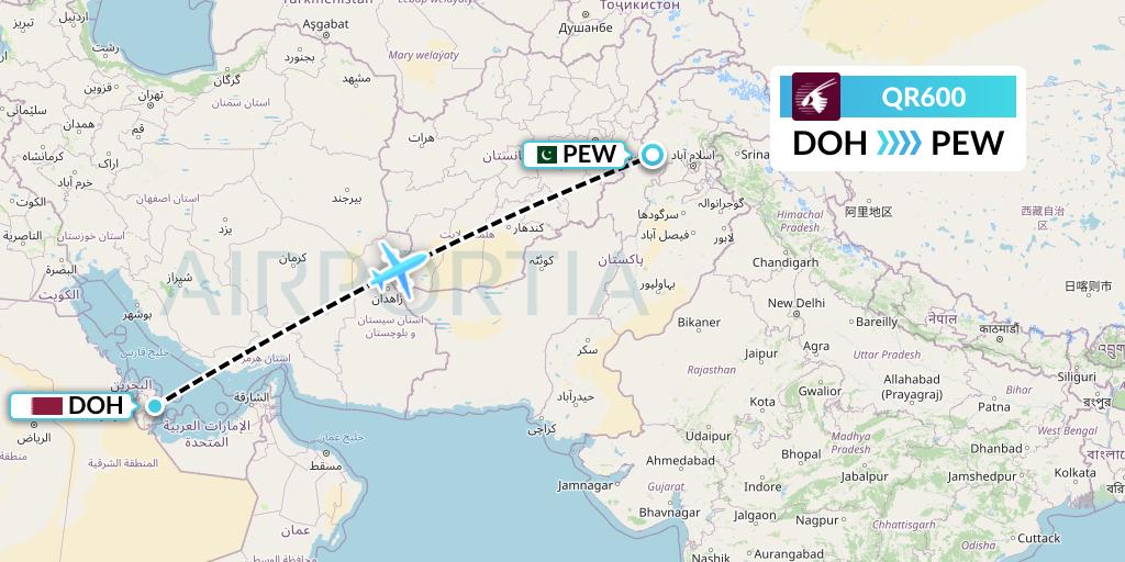 QR600 Qatar Airways Flight Map: Doha to Peshawar