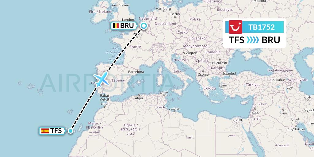 TB1752 TUI fly Belgium Flight Map: Tenerife to Brussels