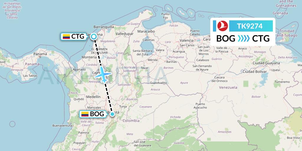 TK9274 Turkish Airlines Flight Map: Bogota to Cartagena