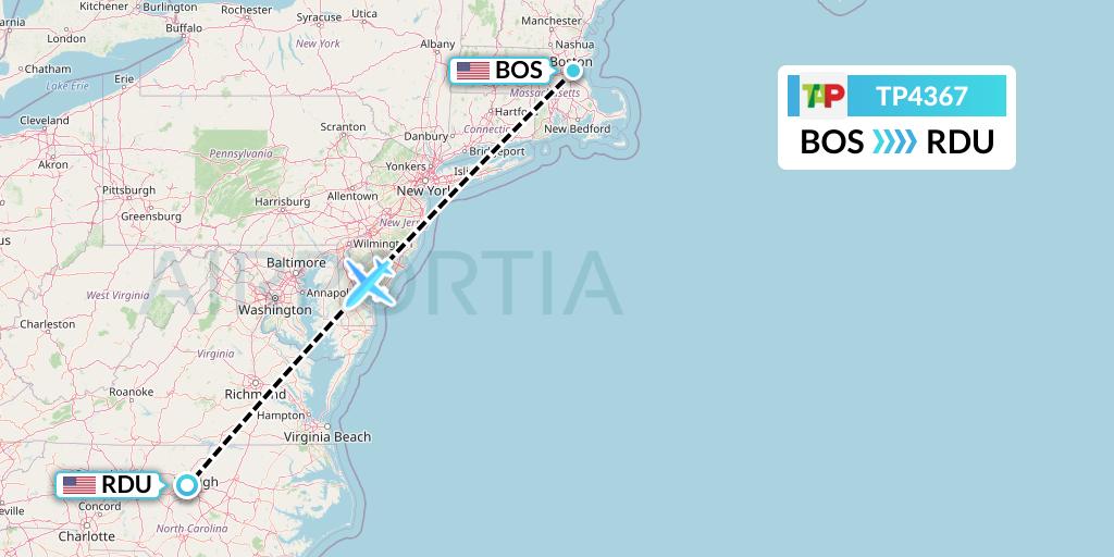 TP4367 TAP Portugal Flight Map: Boston to Raleigh-Durham