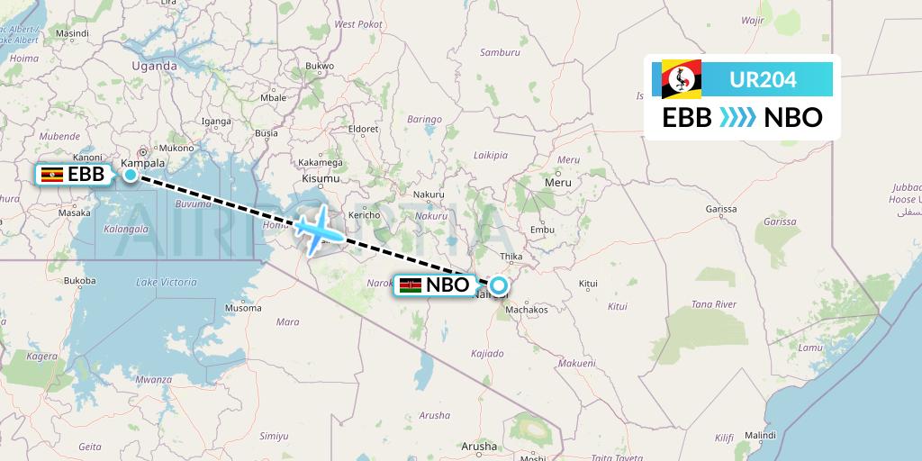 UR204 Uganda Airlines Flight Map: Entebbe to Nairobi