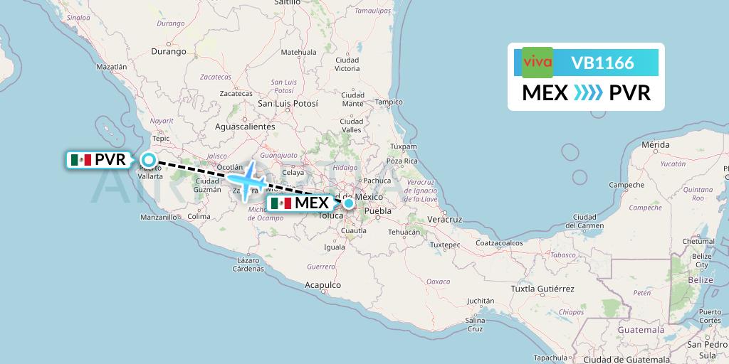 VB1166 VivaAerobus Flight Map: Mexico City to Puerto Vallarta