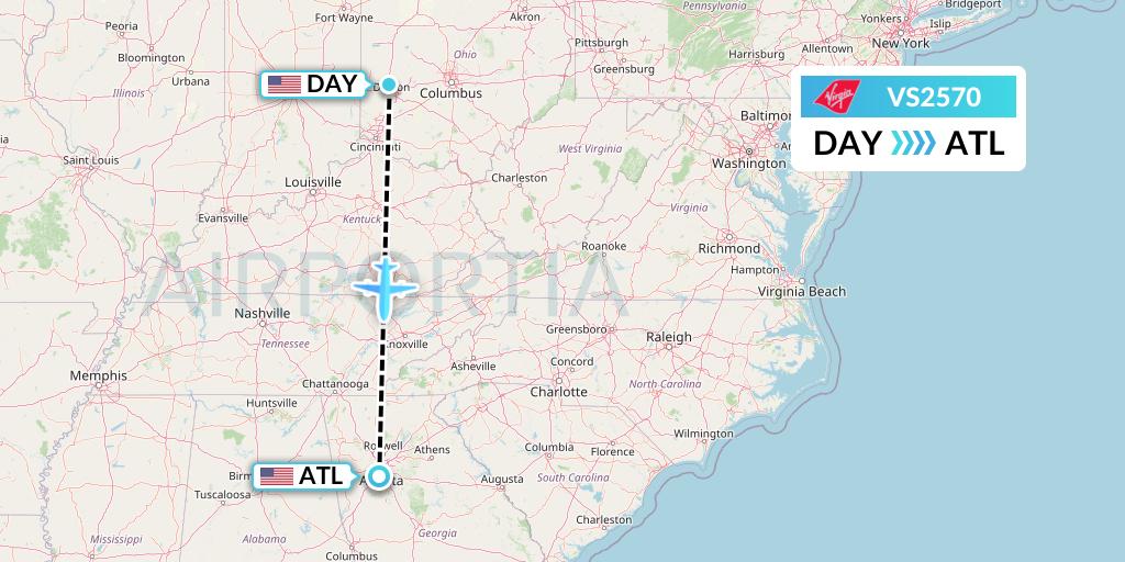 VS2570 Virgin Atlantic Airways Flight Map: Dayton to Atlanta