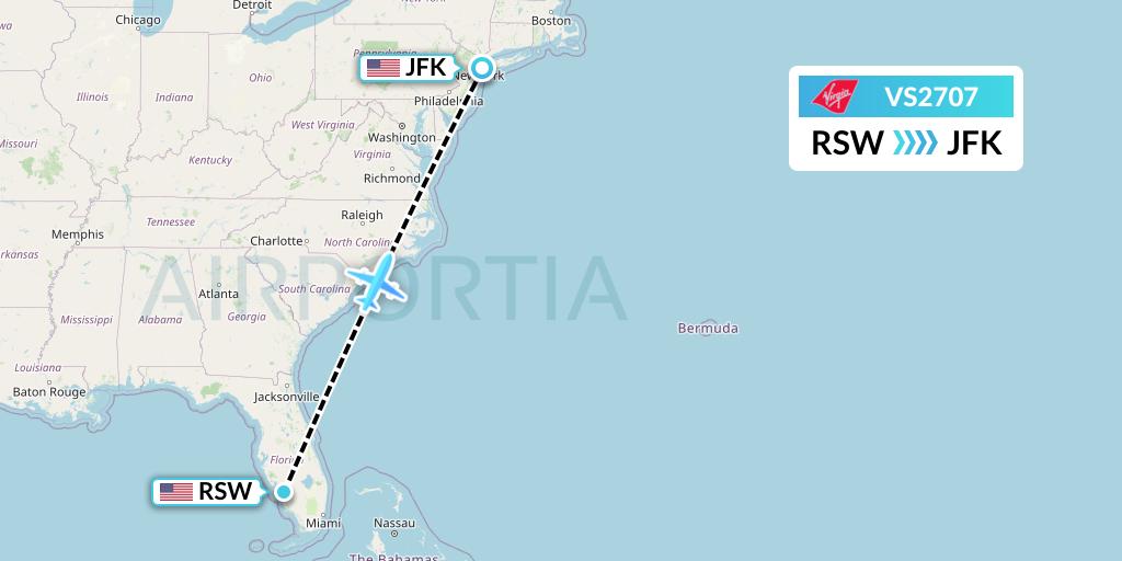 VS2707 Virgin Atlantic Airways Flight Map: Fort Myers to New York