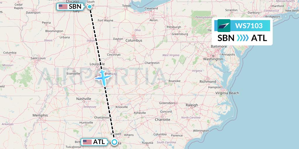 WS7103 WestJet Flight Map: South Bend to Atlanta