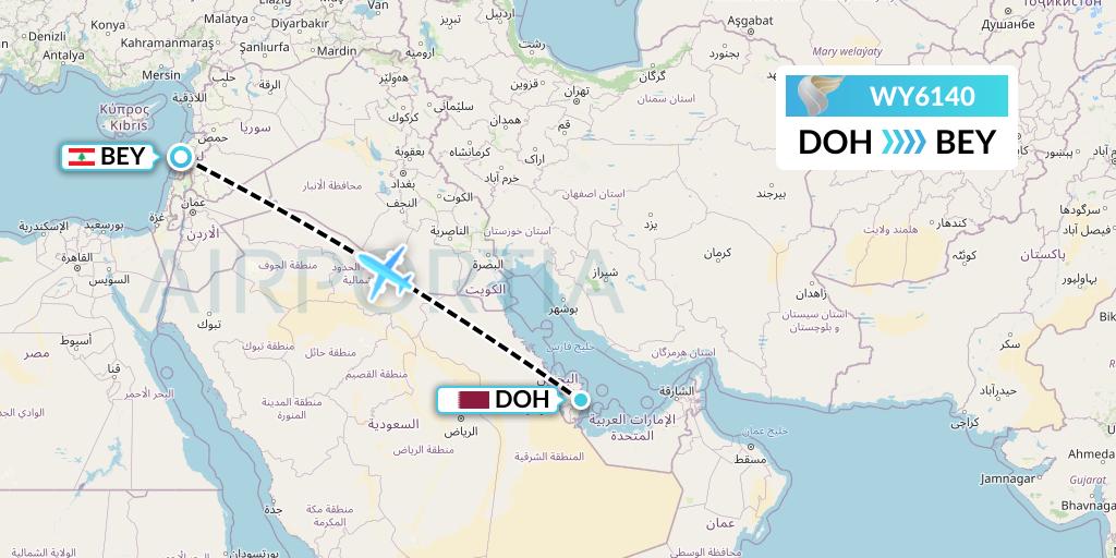 WY6140 Oman Air Flight Map: Doha to Beirut