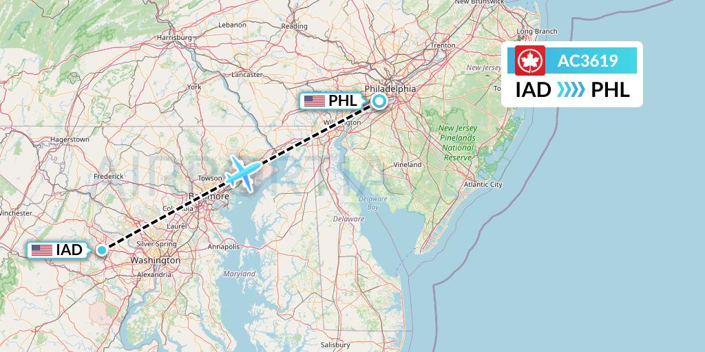 AC3619 Air Canada Flight Map: Washington to Philadelphia