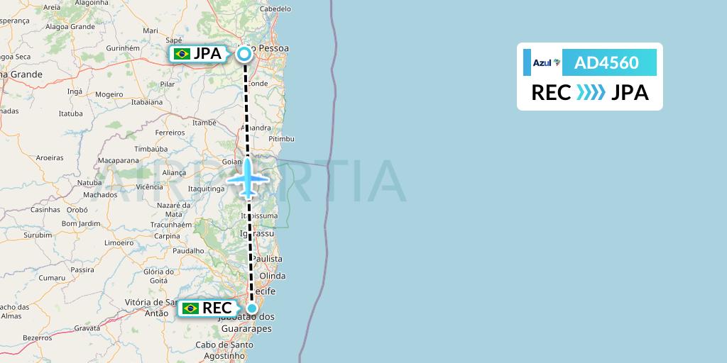 AD4560 Azul Brazilian Airlines Flight Map: Recife to Joao Pessoa