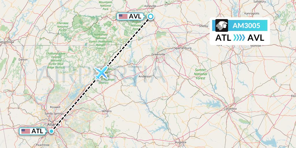 AM3005 Aeromexico Flight Map: Atlanta to Asheville