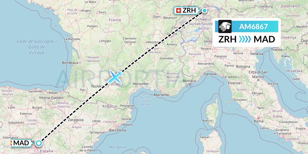 AM6867 Aeromexico Flight Map: Zurich to Madrid