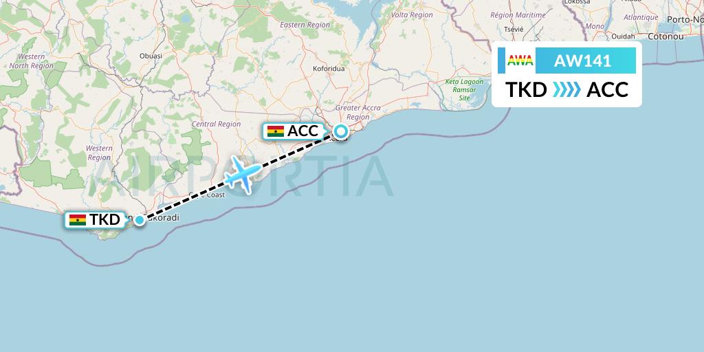 AW141 Africa World Airlines Flight Map: Takoradi to Accra
