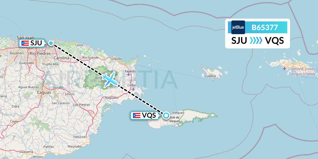 B65377 JetBlue Airways Flight Map: San Juan to Vieques