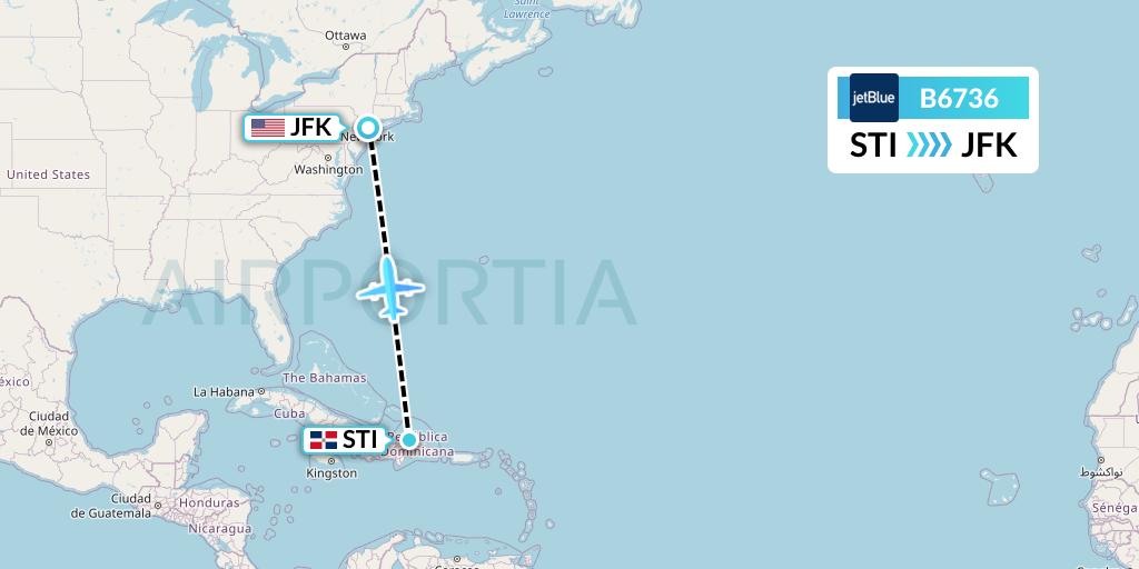 B6736 JetBlue Airways Flight Map: Santiago de los Caballeros to New York