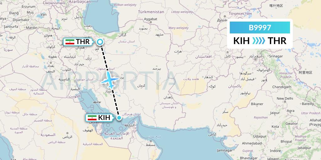 B9997 Iran Air Tours Flight Map: Kish Island to Tehran