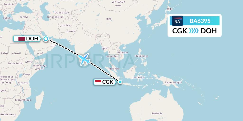 BA6395 British Airways Flight Map: Jakarta to Doha