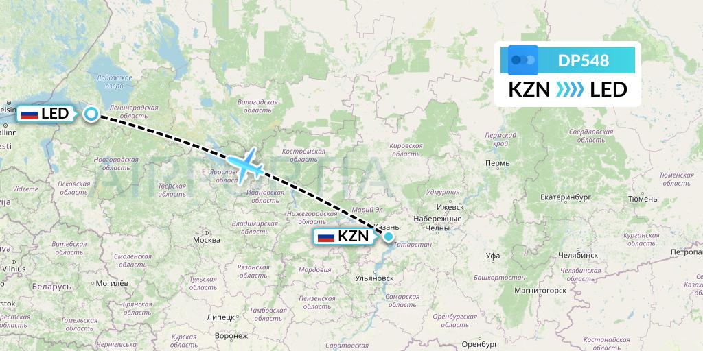 DP548 Pobeda Flight Map: Kazan to St. Petersburg