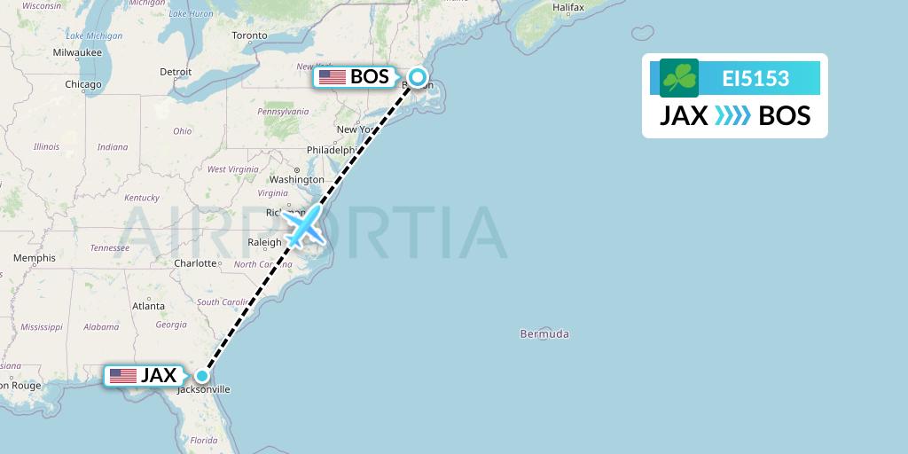 EI5153 Aer Lingus Flight Map: Jacksonville to Boston