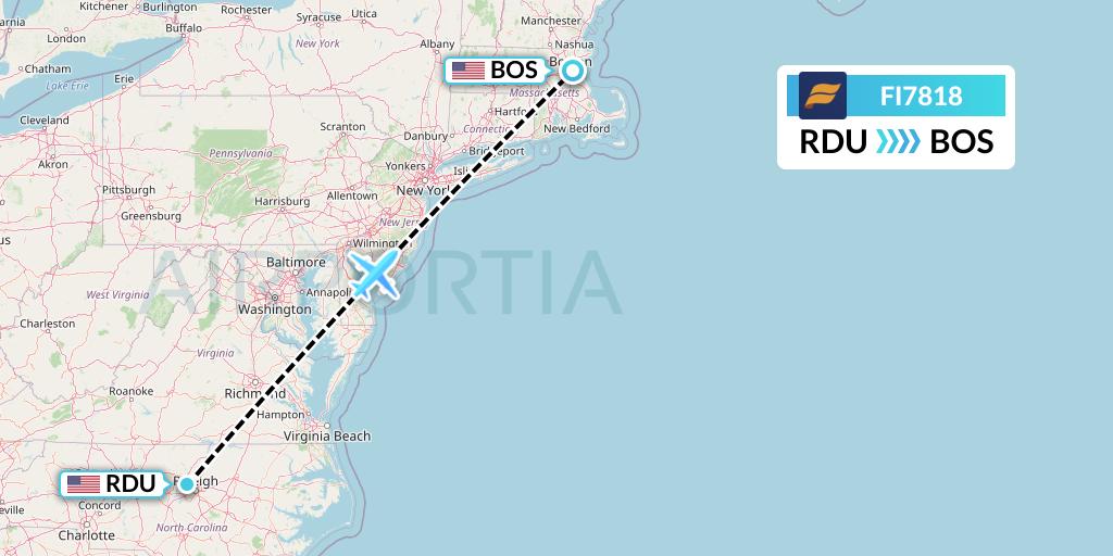 FI7818 Icelandair Flight Map: Raleigh-Durham to Boston