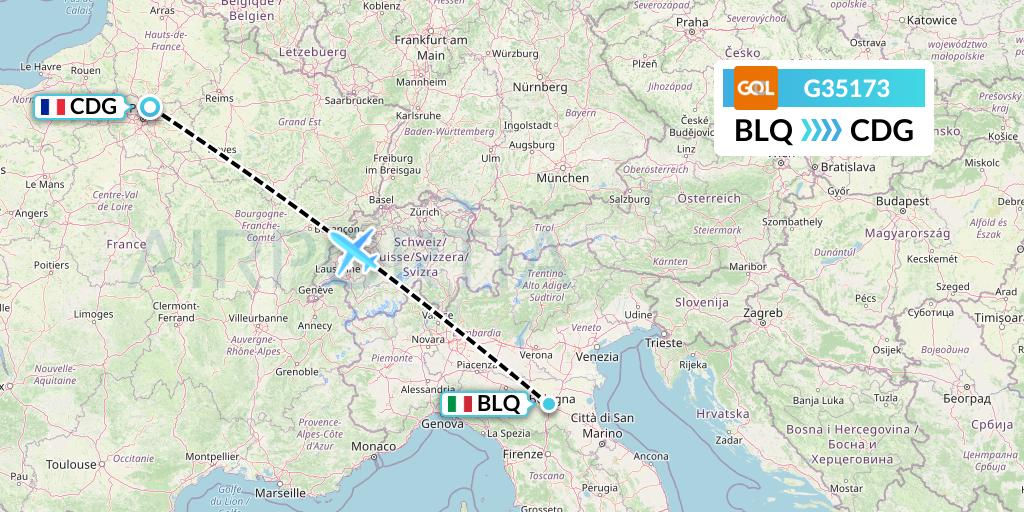G35173 GOL Transportes Aeros Flight Map: Bologna to Paris
