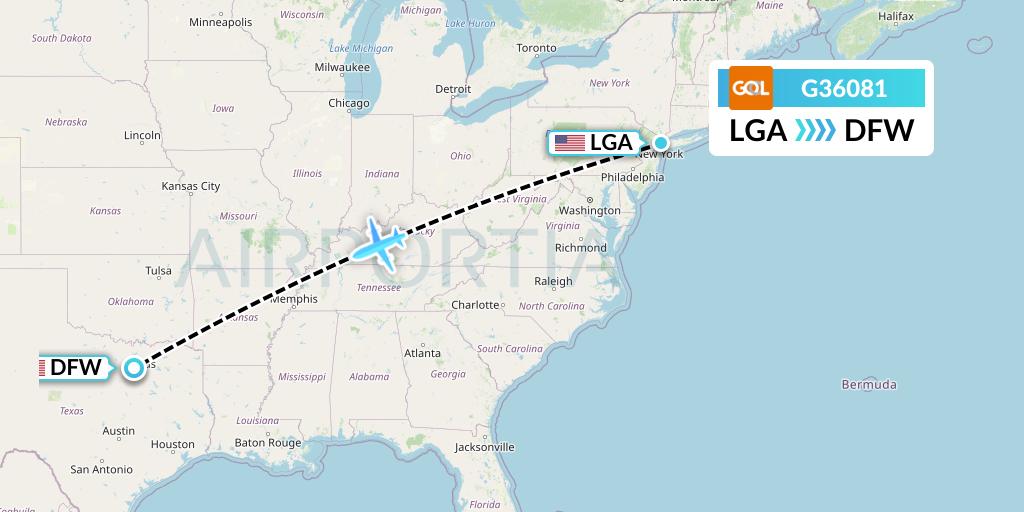 G36081 GOL Transportes Aeros Flight Map: New York to Dallas