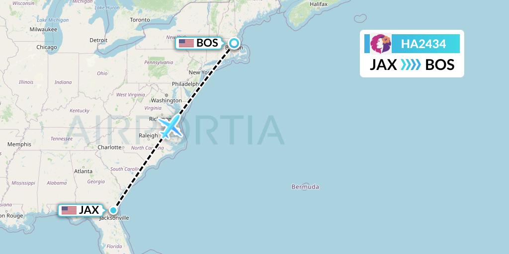 HA2434 Hawaiian Airlines Flight Map: Jacksonville to Boston