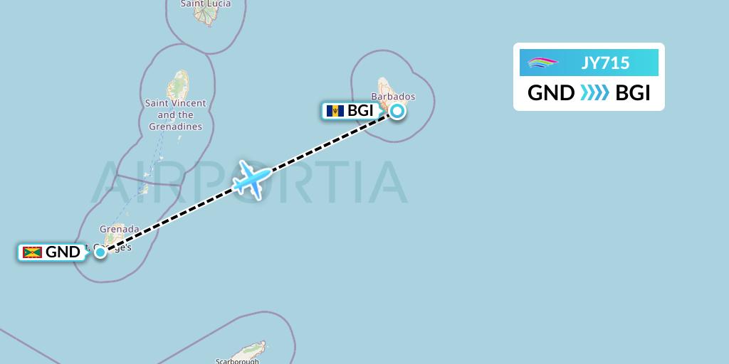 JY715 InterCaribbean Airways Flight Map: Point Salines to Bridgetown