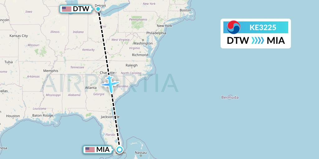 KE3225 Korean Air Flight Map: Detroit to Miami