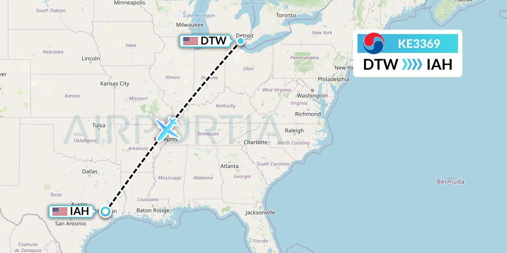 KE3369 Korean Air Flight Map: Detroit to Houston