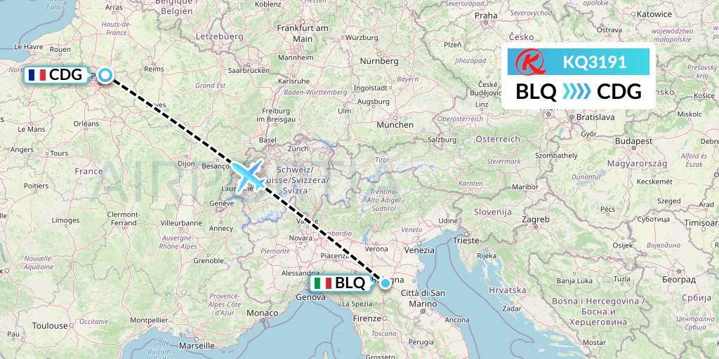 KQ3191 Kenya Airways Flight Map: Bologna to Paris