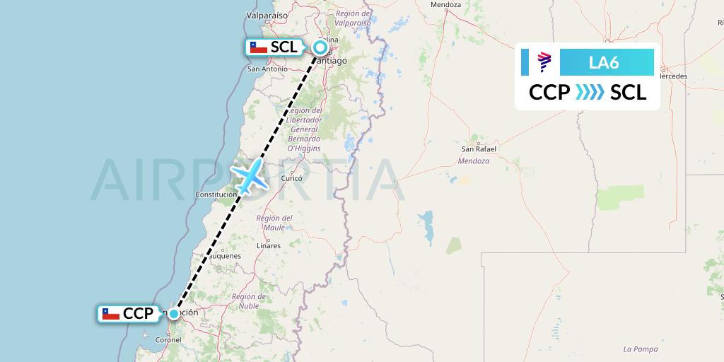 LA6 LAN Airlines Flight Map: Concepcion to Santiago