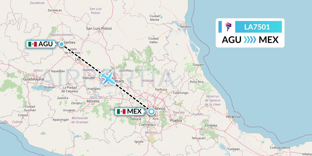 LA7501 LAN Airlines Flight Map: Aguascalientes to Mexico City