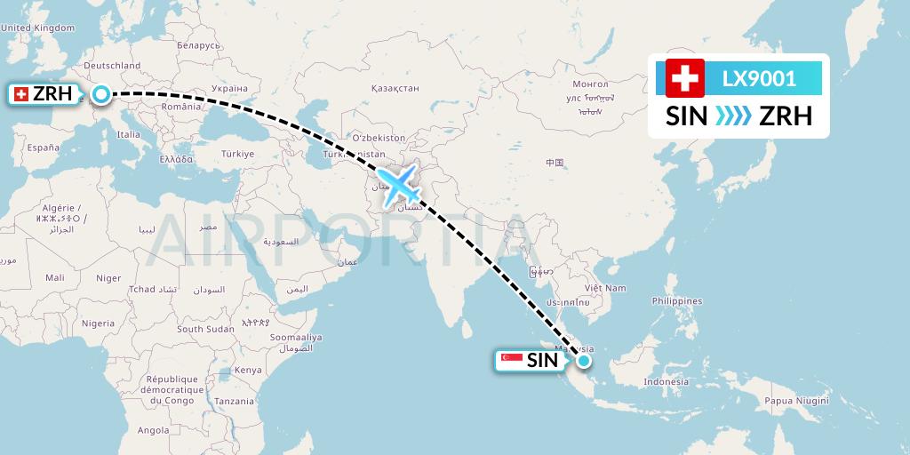 LX9001 Swiss Flight Map: Singapore to Zurich