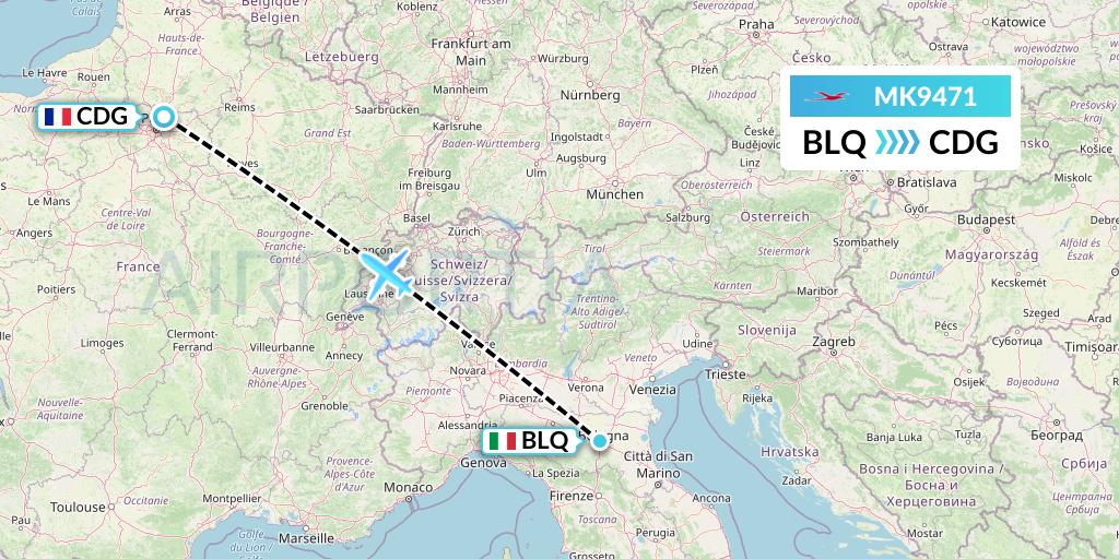 MK9471 Air Mauritius Flight Map: Bologna to Paris