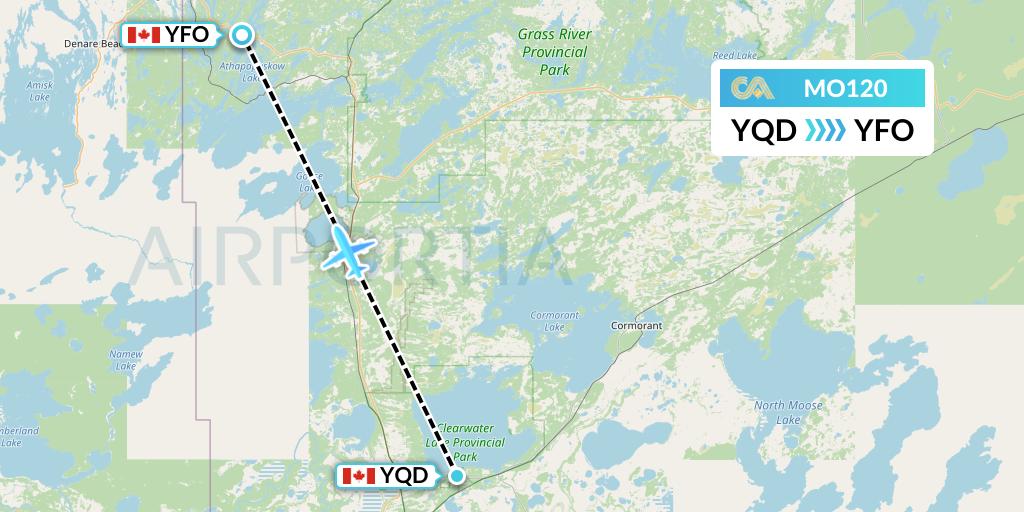 MO120 Calm Air Flight Map: The Pas to Flin Flon