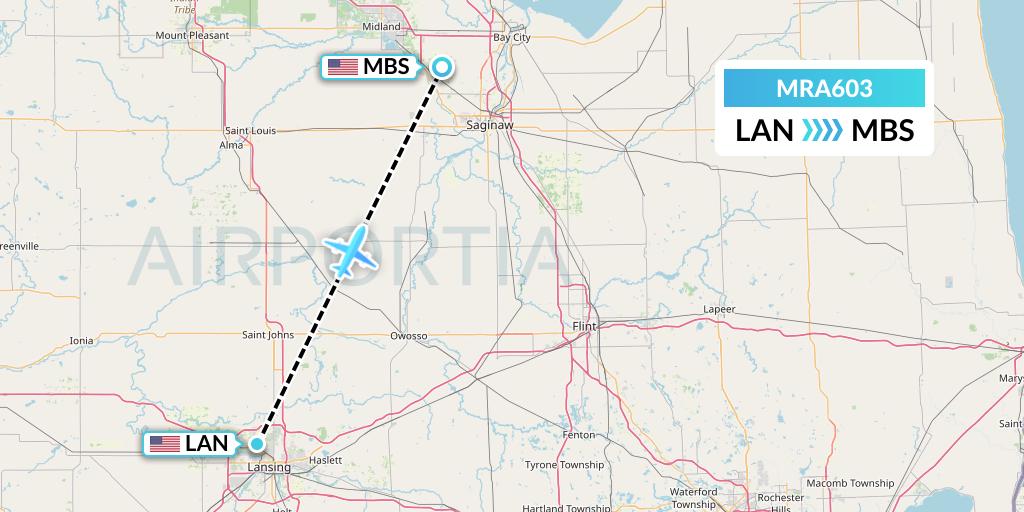 MRA603 Martinaire Flight Map: Lansing to Saginaw