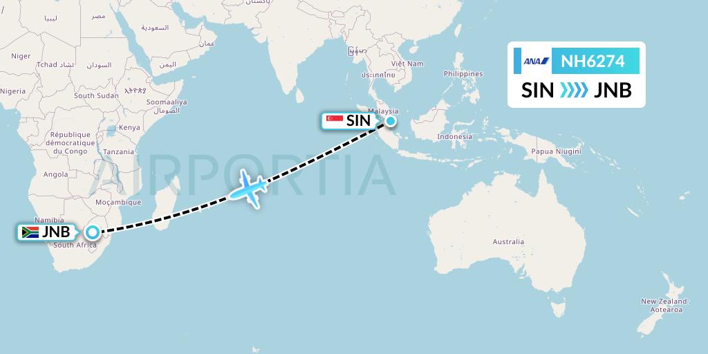 NH6274 All Nippon Airways Flight Map: Singapore to Johannesburg