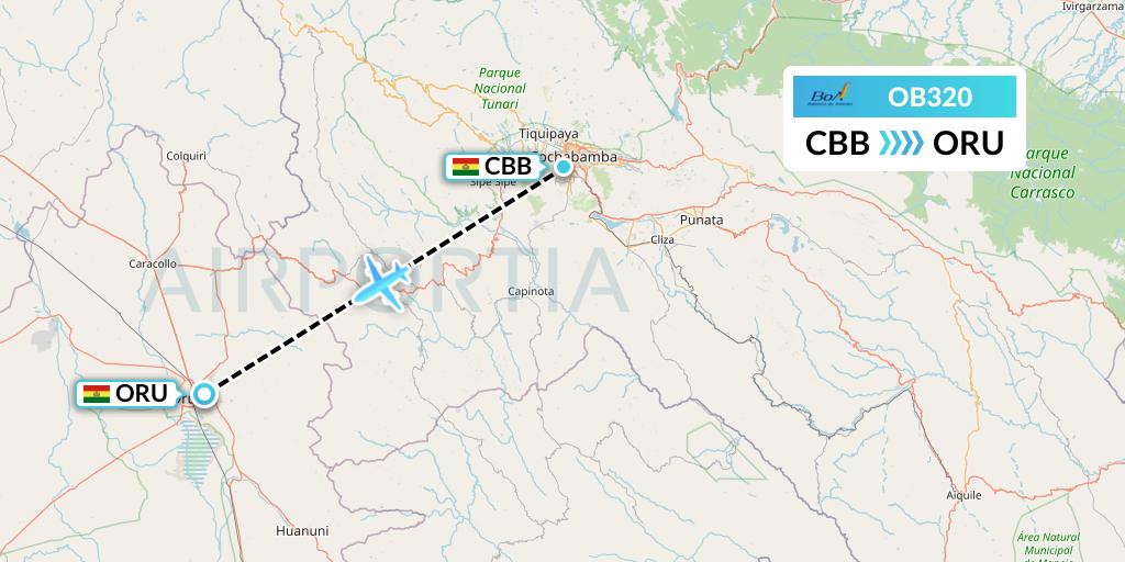 OB320 Boliviana de Aviacion Flight Map: Cochabamba to Oruro
