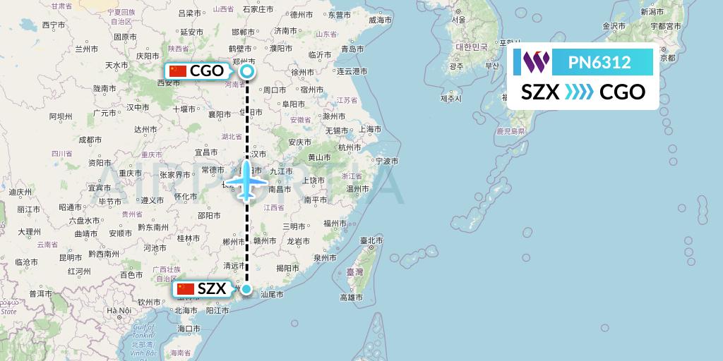 PN6312 China West Air Flight Map: Shenzhen to Zhengzhou