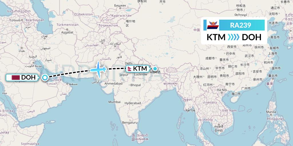RA239 Royal Nepal Airlines Flight Map: Kathmandu to Doha