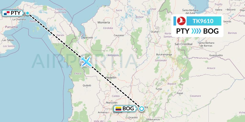TK9610 Turkish Airlines Flight Map: Panama City to Bogota