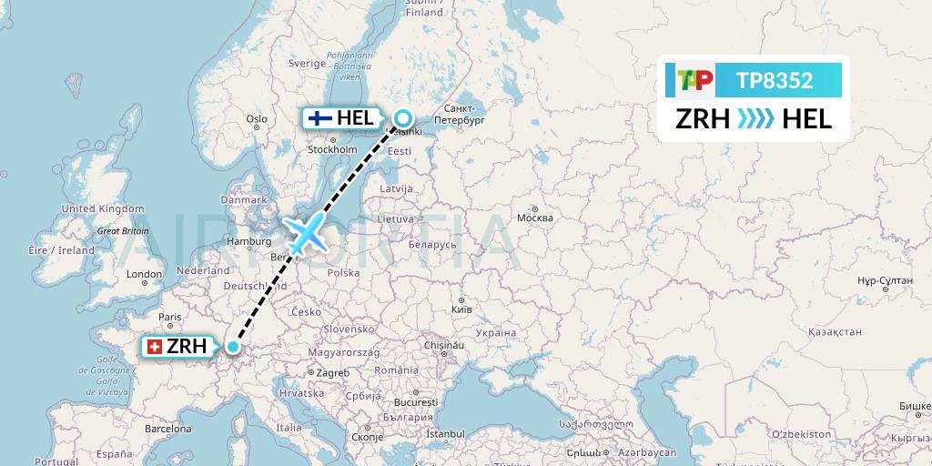 TP8352 TAP Portugal Flight Map: Zurich to Helsinki