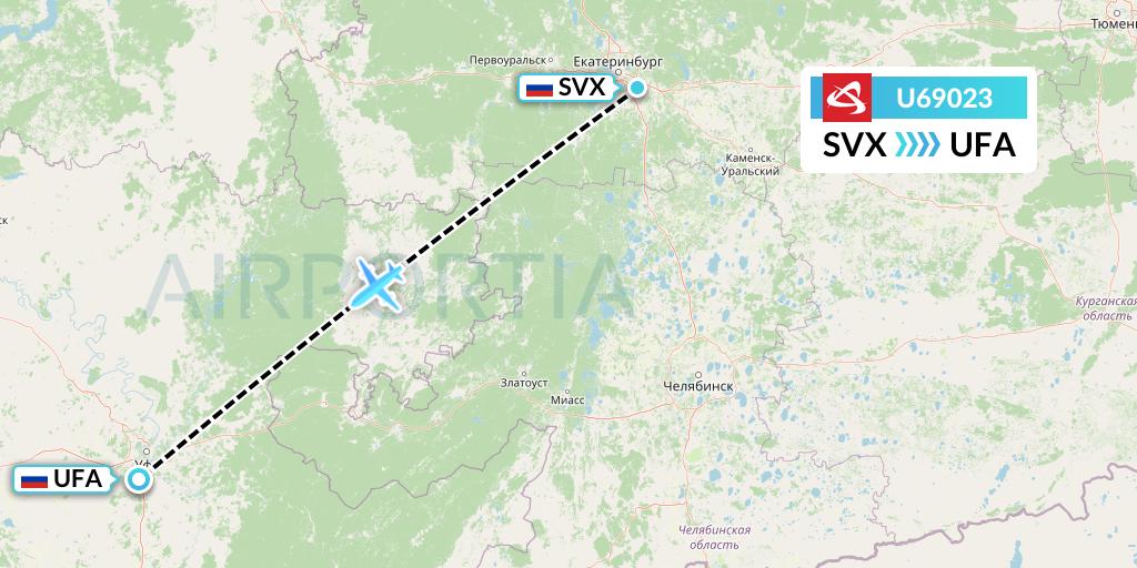 U69023 Ural Airlines Flight Map: Yekaterinburg to Ufa