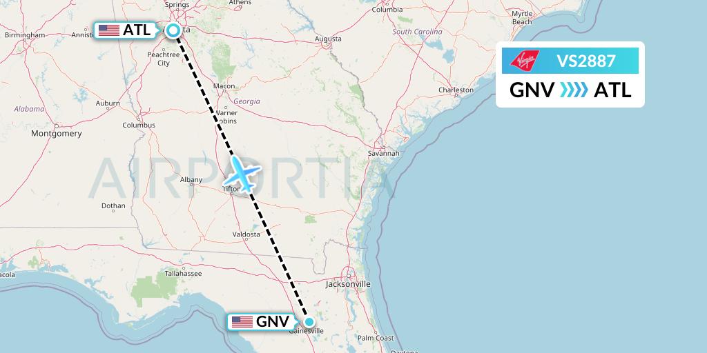 VS2887 Virgin Atlantic Airways Flight Map: Gainesville to Atlanta